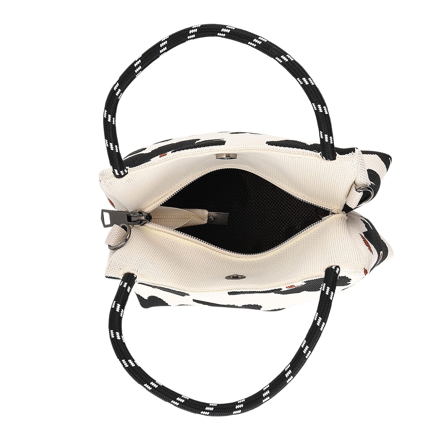 Flower Pattern Handbag with Shoulder Strap (130cm) - Beige & Black