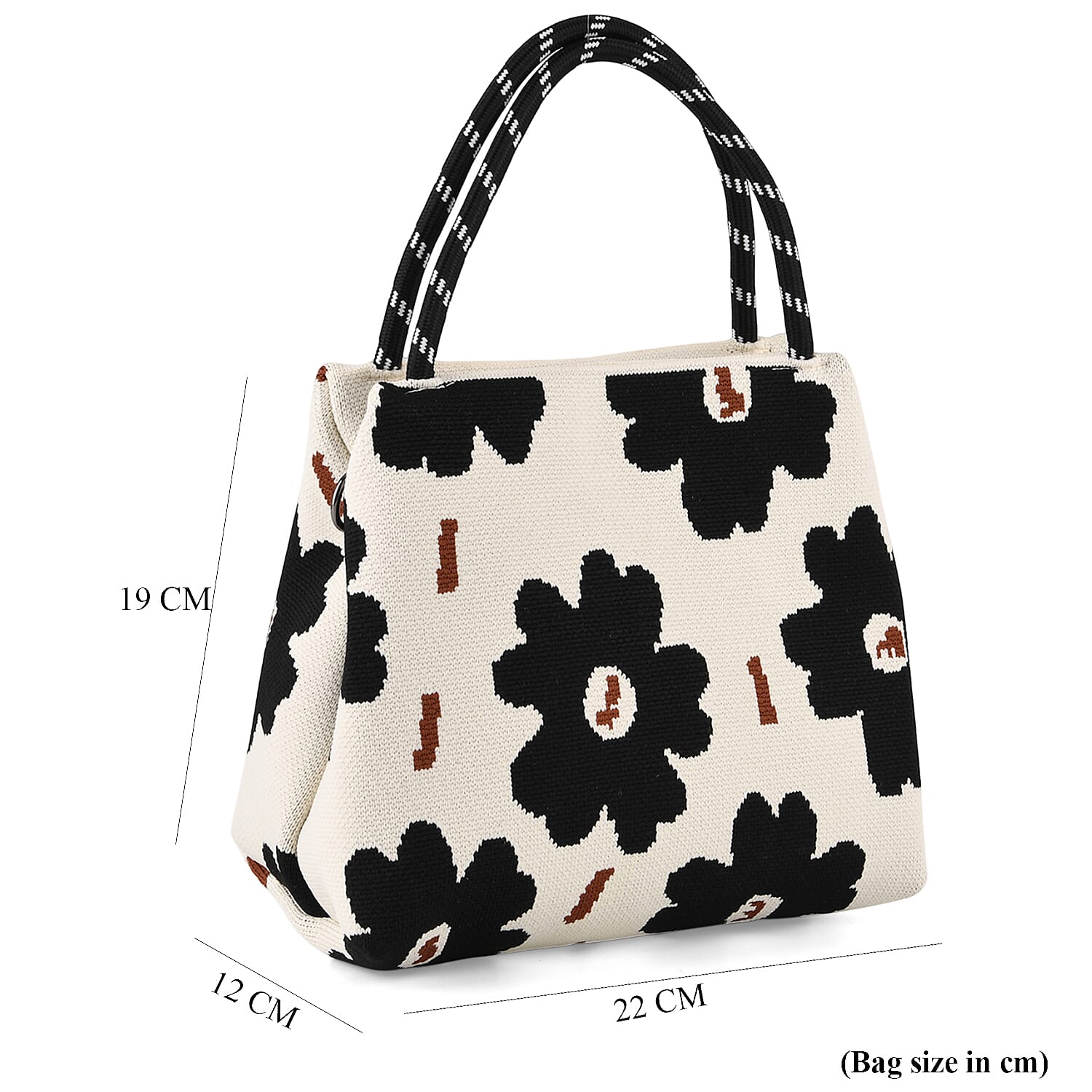 Flower Pattern Handbag with Shoulder Strap (130cm) - Beige & Black