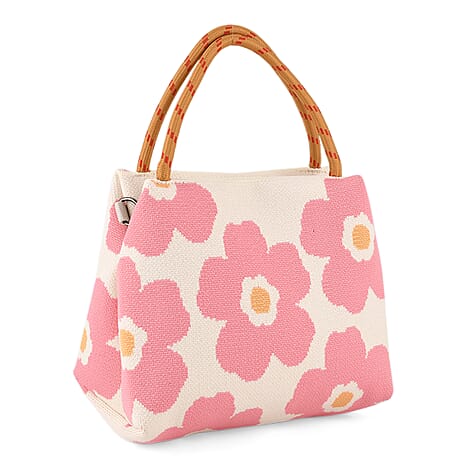 Flower Pattern Handbag with Shoulder Strap (130cm) - Beige & Pink