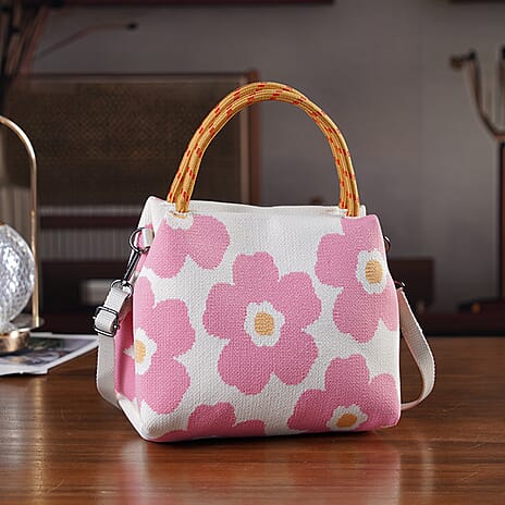 Flower Pattern Handbag with Shoulder Strap (130cm) - Beige & Pink