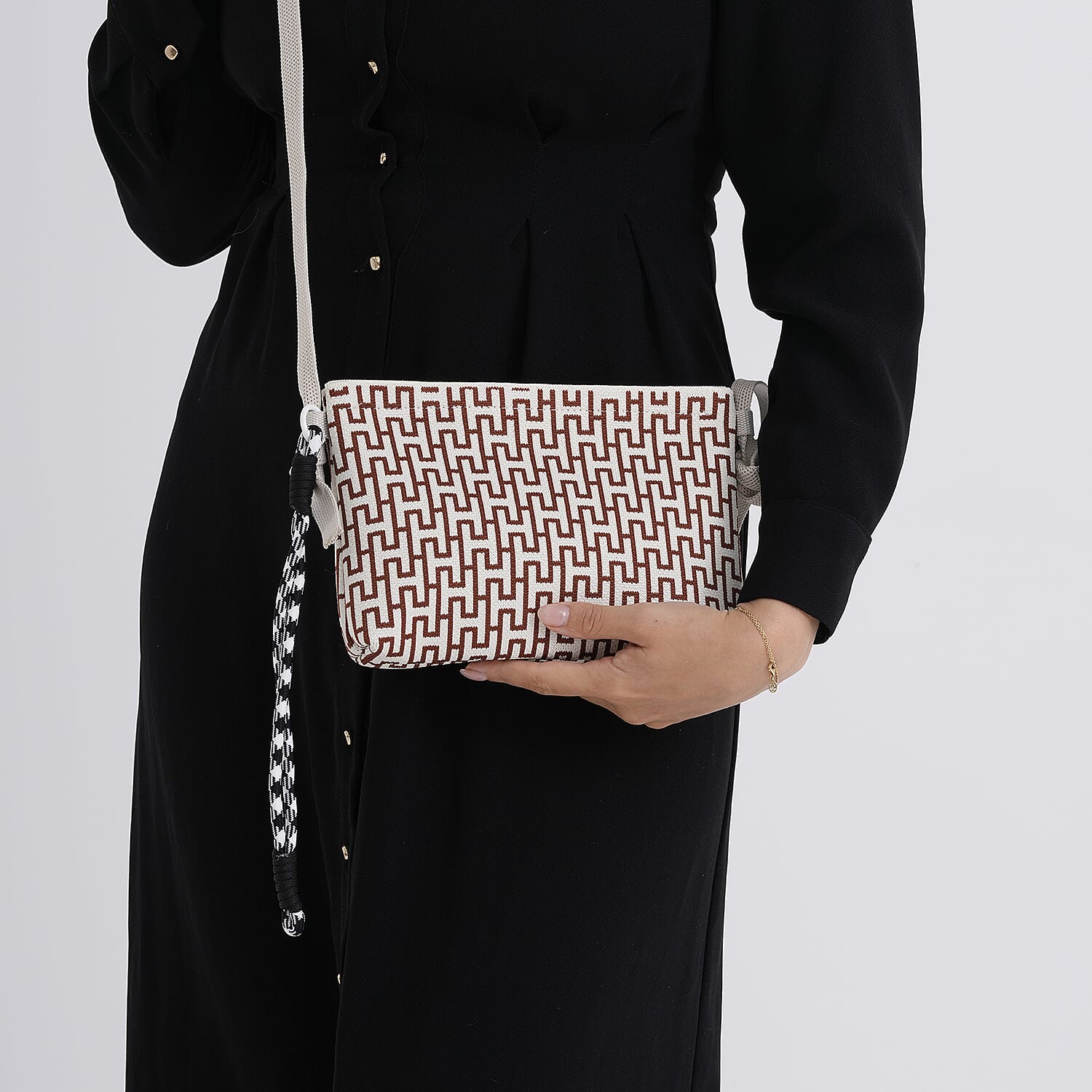 Monogram Print Shoulder Bag - Off-White & Brown