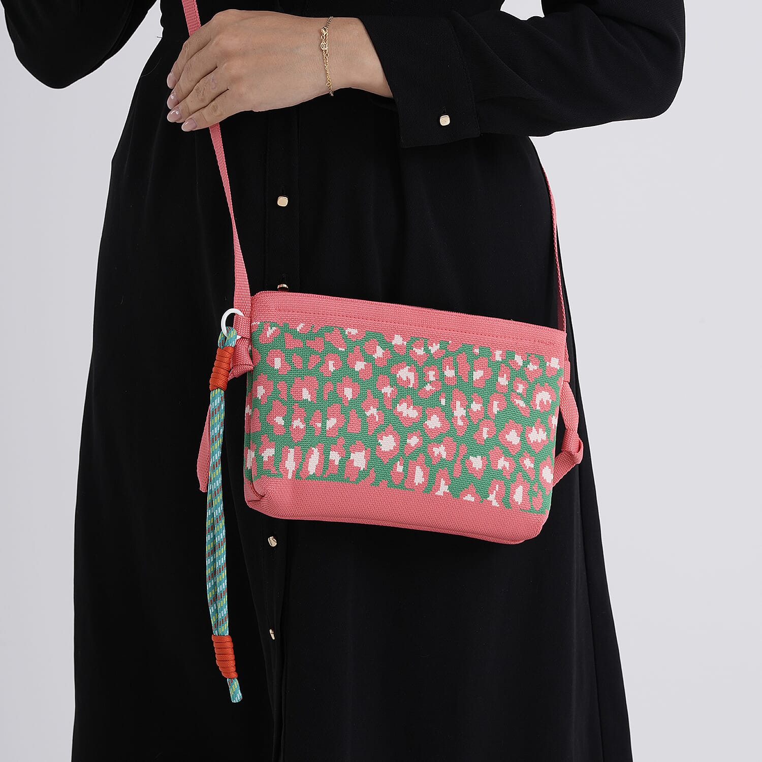 Printed Shoulder Bag - Green & Pink