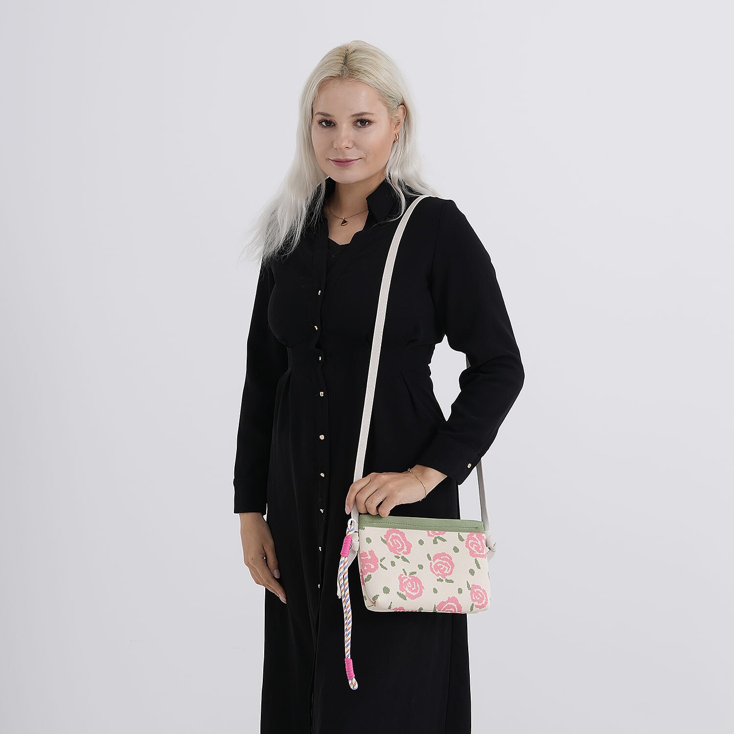 Flower Print Shoulder Bag - Beige & Pink