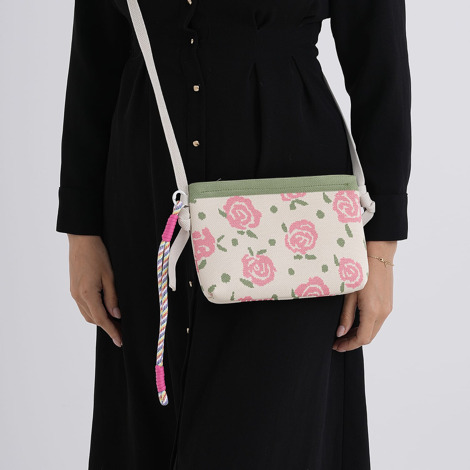 Flower Print Shoulder Bag - Beige & Pink