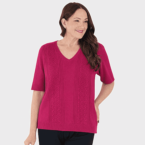 Sugar Crisp Supersoft Half-Sleeve V-Neck knit Top (Size L) - Fuschia