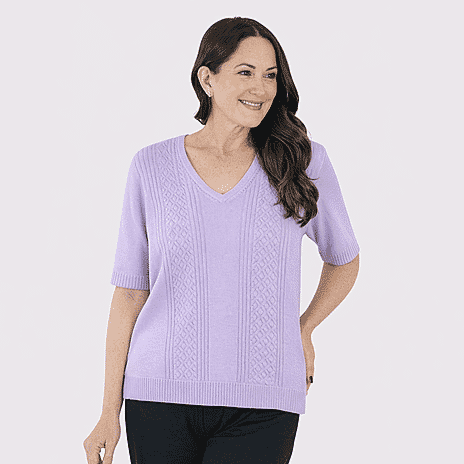 Sugar Crisp Supersoft Half-Sleeve V-Neck knit Top (Size M) - Lavender