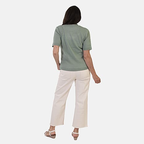 Sugar Crisp Lightweight Pointelle Knit Crewneck Short-Sleeve Top (Size L) - Sage Green