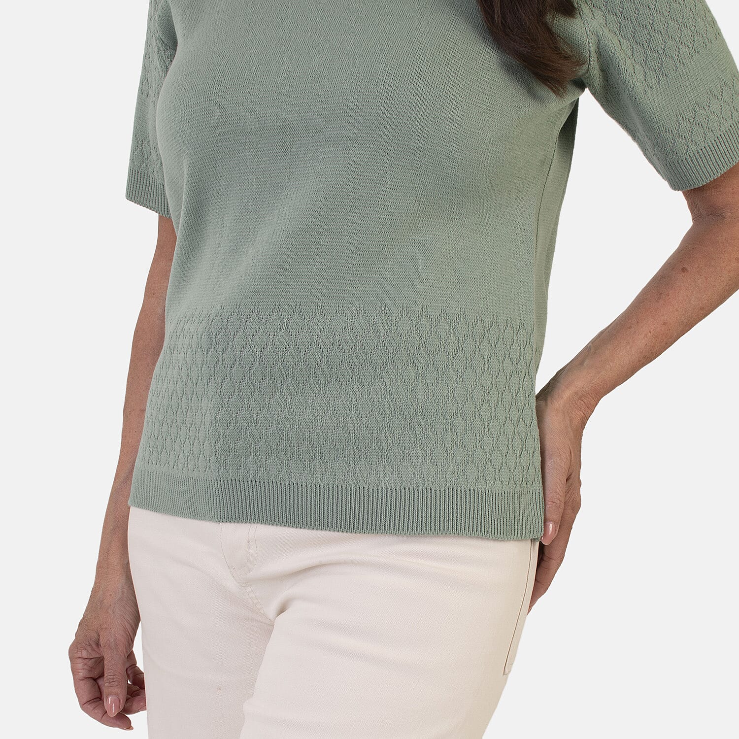 Sugar Crisp Lightweight Pointelle Knit Crewneck Short-Sleeve Top