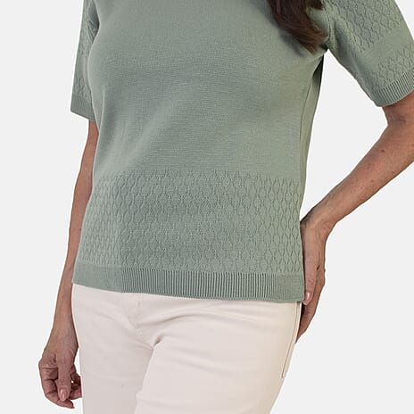 Sugar Crisp Lightweight Pointelle Knit Crewneck Short-Sleeve Top (Size M) - Sage Green