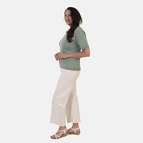 Sugar Crisp Lightweight Pointelle Knit Crewneck Short-Sleeve Top (Size S) - Sage Green