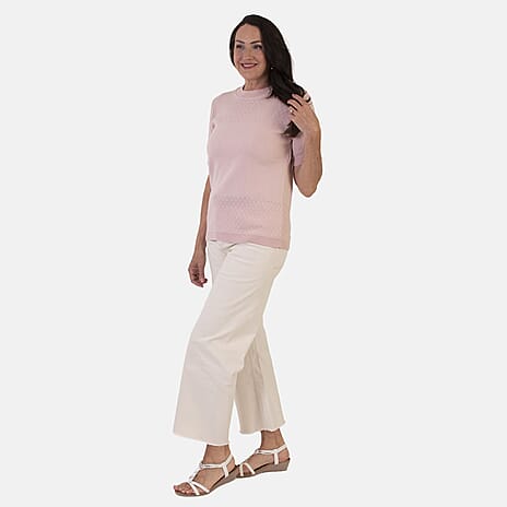 Sugar Crisp Lightweight Pointelle Knit Crewneck Short-Sleeve Top (Size L) - Pale Pink