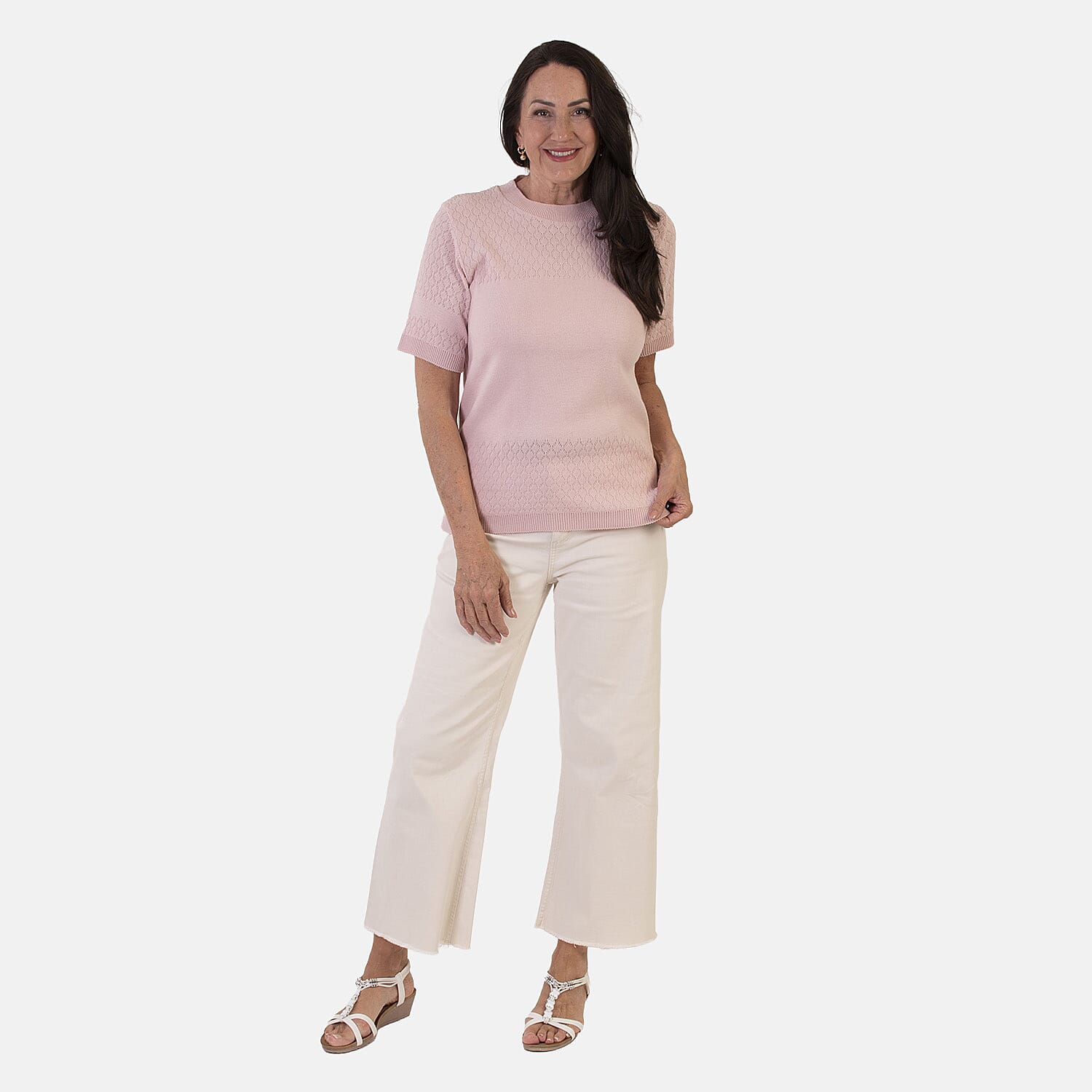 Sugar Crisp Lightweight Pointelle Knit Crewneck Short-Sleeve Top
