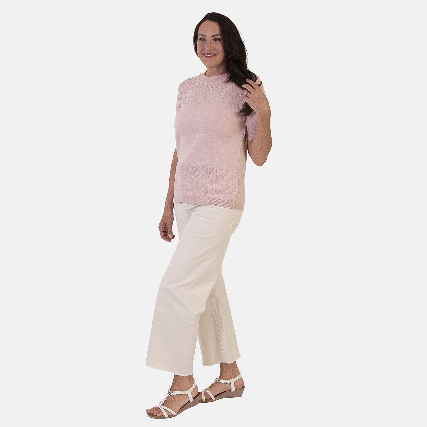 Sugar Crisp Lightweight Pointelle Knit Crewneck Short-Sleeve Top