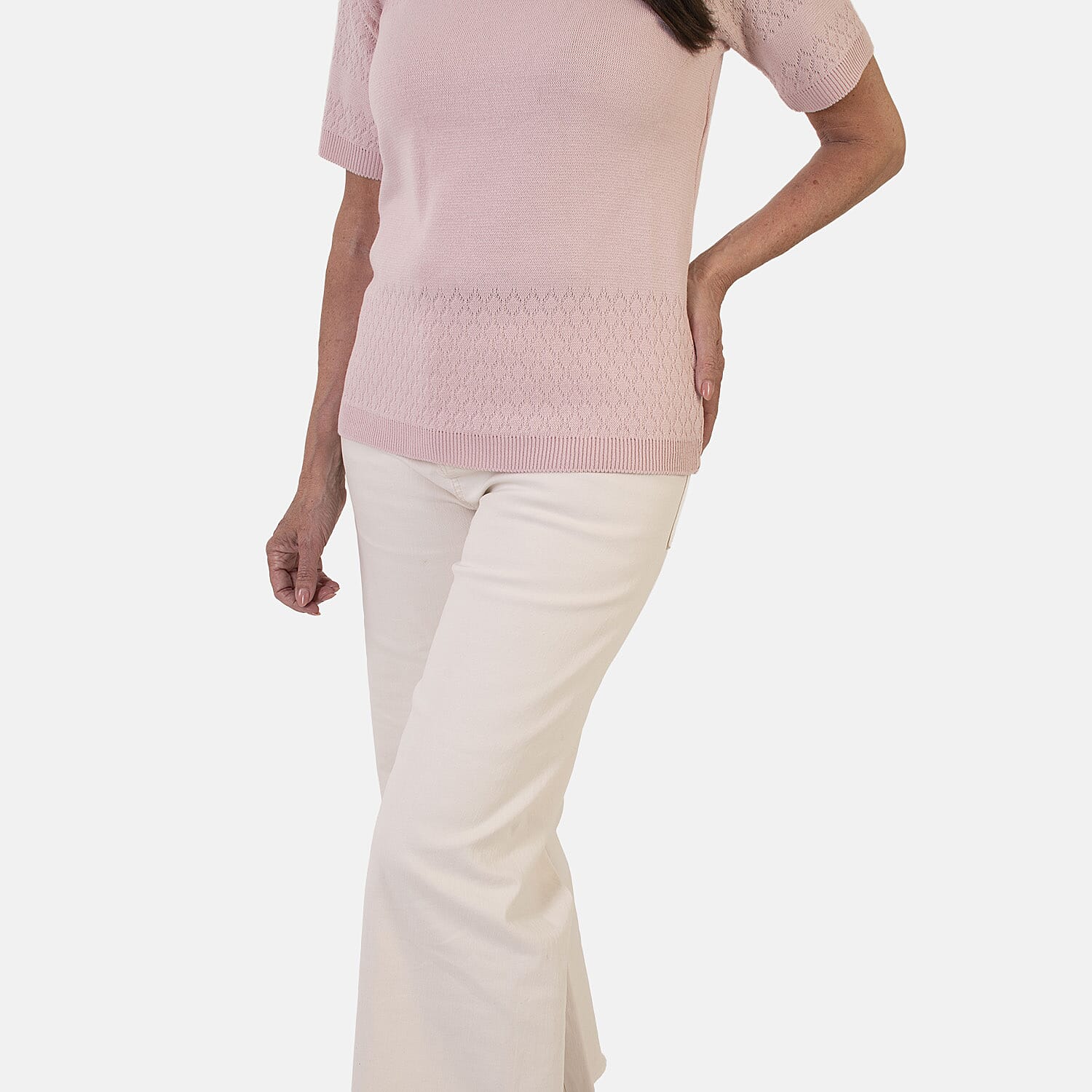 Sugar Crisp Lightweight Pointelle Knit Crewneck Short-Sleeve Top