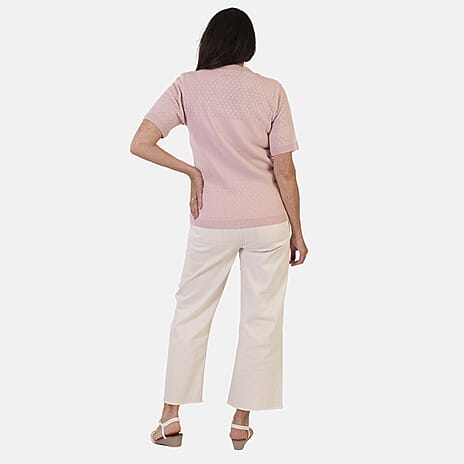 Sugar Crisp Lightweight Pointelle Knit Crewneck Short-Sleeve Top (Size XL) - Pale Pink