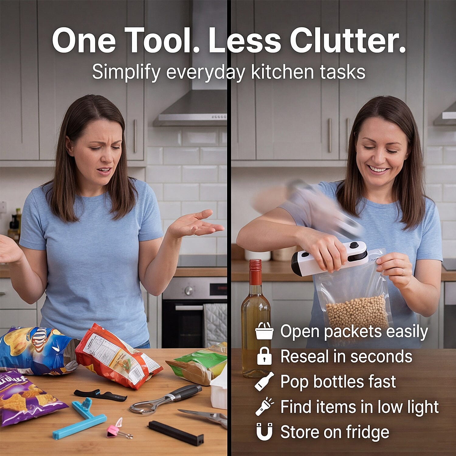 Multifunctional Rechargeable Mini Bag Sealer - 5-in-1 Handheld Heat Sealer with Bottle Opener & Blade - White & Black