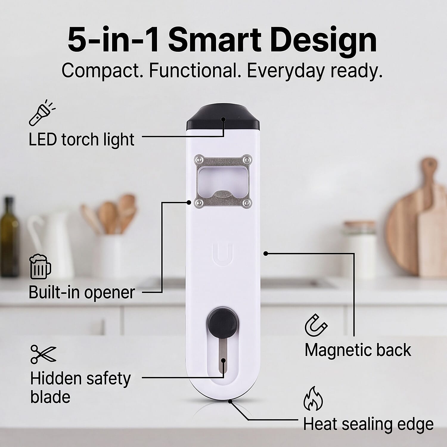 Multifunctional Rechargeable Mini Bag Sealer - 5-in-1 Handheld Heat Sealer with Bottle Opener & Blade - White & Black