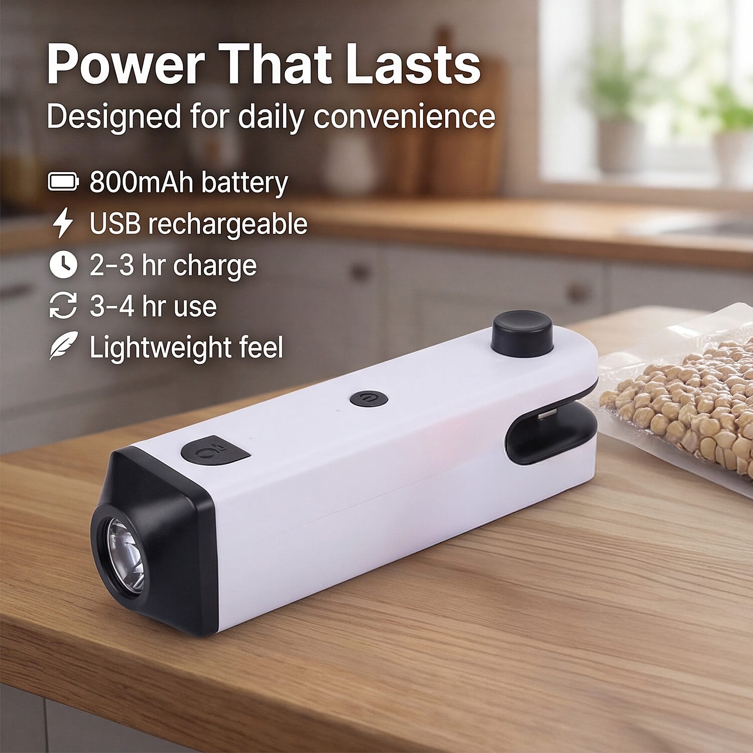 Multifunctional Rechargeable Mini Bag Sealer - 5-in-1 Handheld Heat Sealer with Bottle Opener & Blade - White & Black