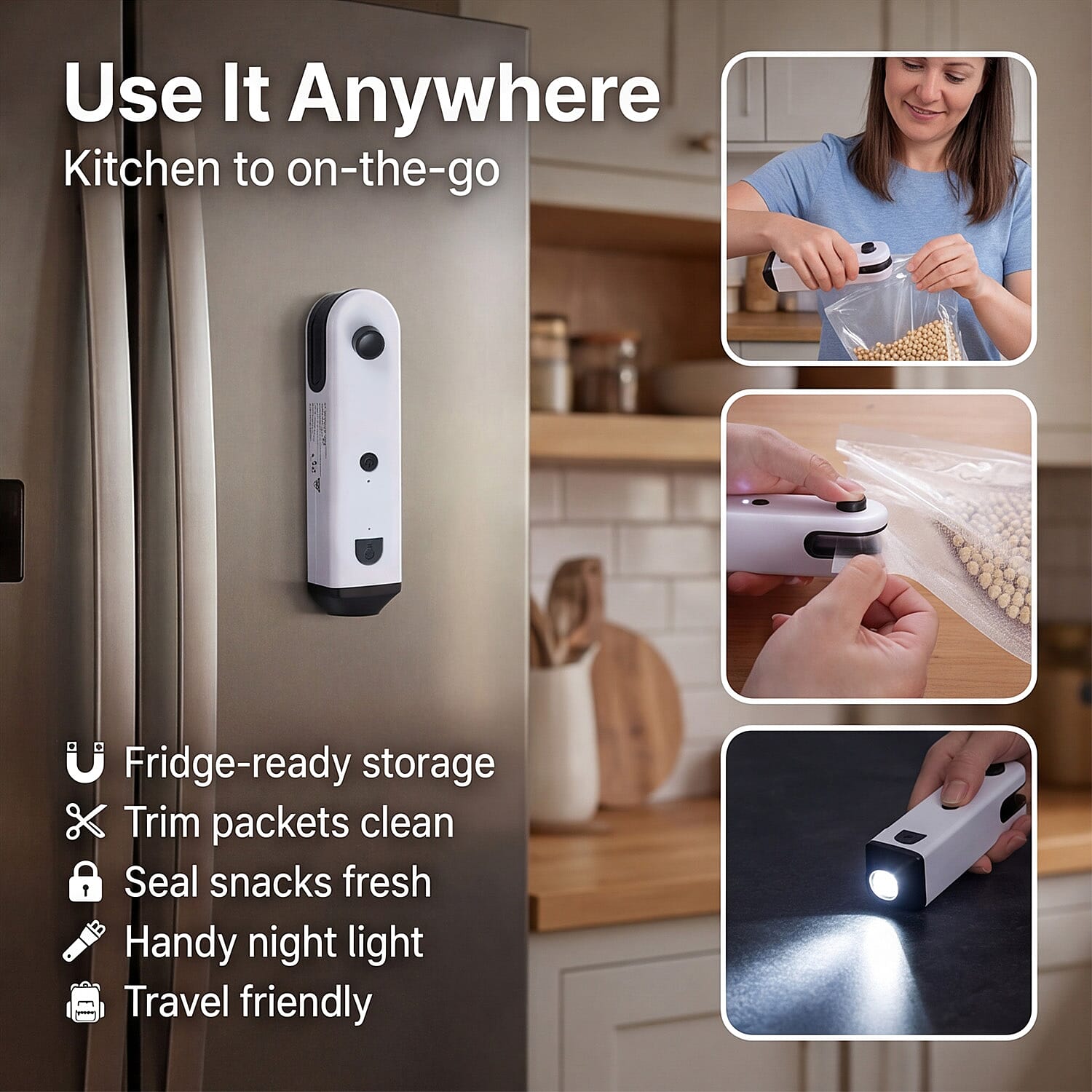 Multifunctional Rechargeable Mini Bag Sealer - 5-in-1 Handheld Heat Sealer with Bottle Opener & Blade - White & Black