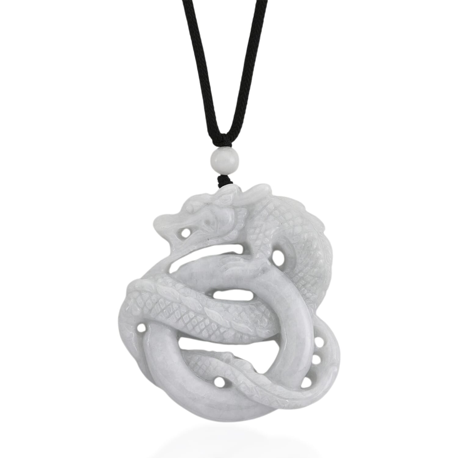 Natural White Jade Adjustable Dragon Carving Necklace with Cotton Thread (Size - 28) 165.00 Ct.