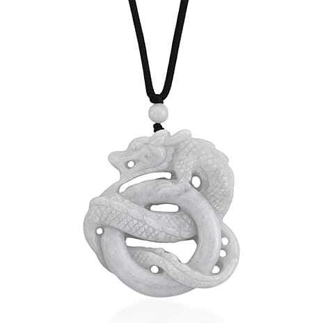 Natural White Jade Adjustable Dragon Carving Necklace with Cotton Thread (Size - 28) 165.00 Ct.