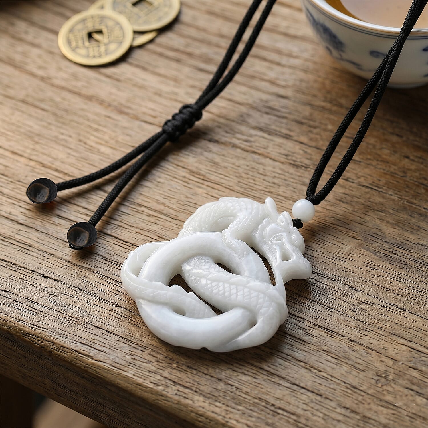 Natural White Jade Adjustable Dragon Carving Necklace with Cotton Thread (Size - 28) 165.00 Ct.