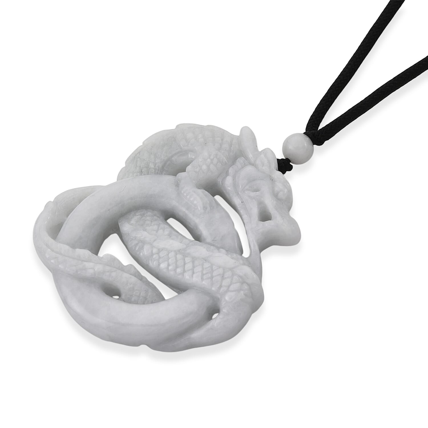 Natural White Jade Adjustable Dragon Carving Necklace with Cotton Thread (Size - 28) 165.00 Ct.
