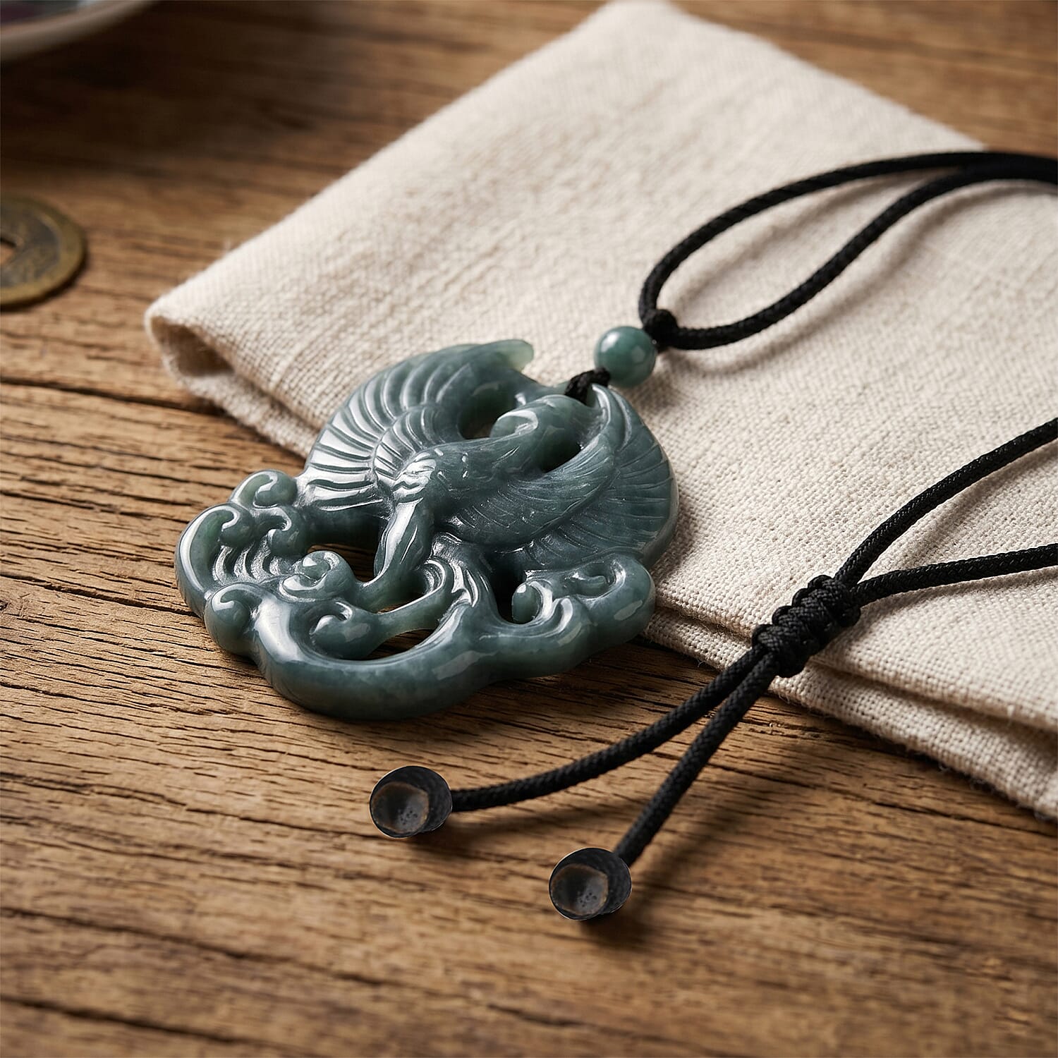 Natural White Jade Adjustable Carved Eagle Necklace with Cotton Thread (Size - 28) 85.00 Ct.
