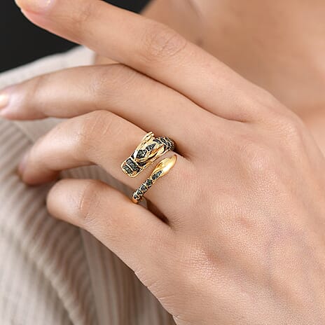 GP Kanchanaburi Blue Sapphire, Black Diamond & Green Diamond Snake Ring in 18K Vermeil Yellow Gold Plated Sterling Silver