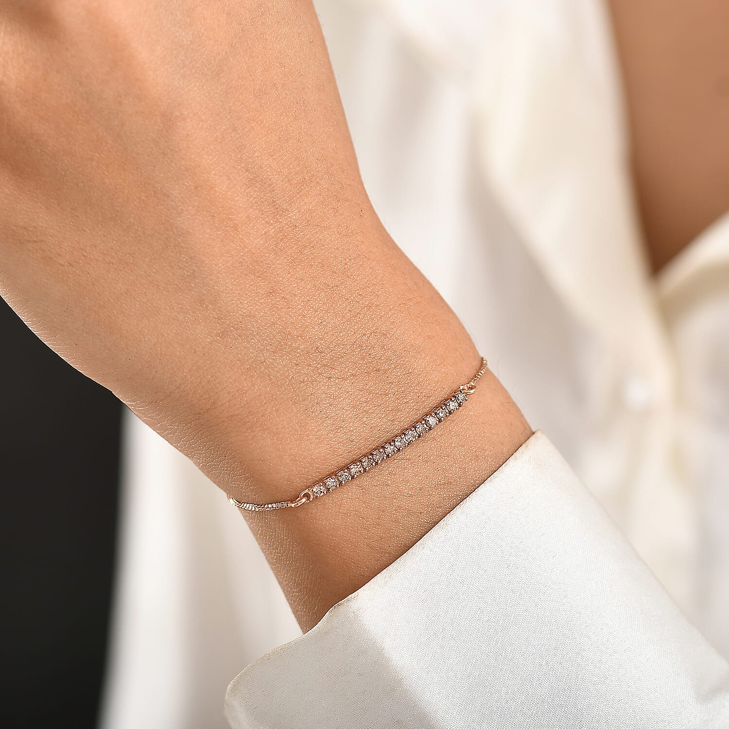 NY Close Out Deal-  Natural Champagne Diamond Adjustable Bracelet (Size - 10) in 18K Vermeil Rose Gold Plated Sterling Silver 0.50 ct