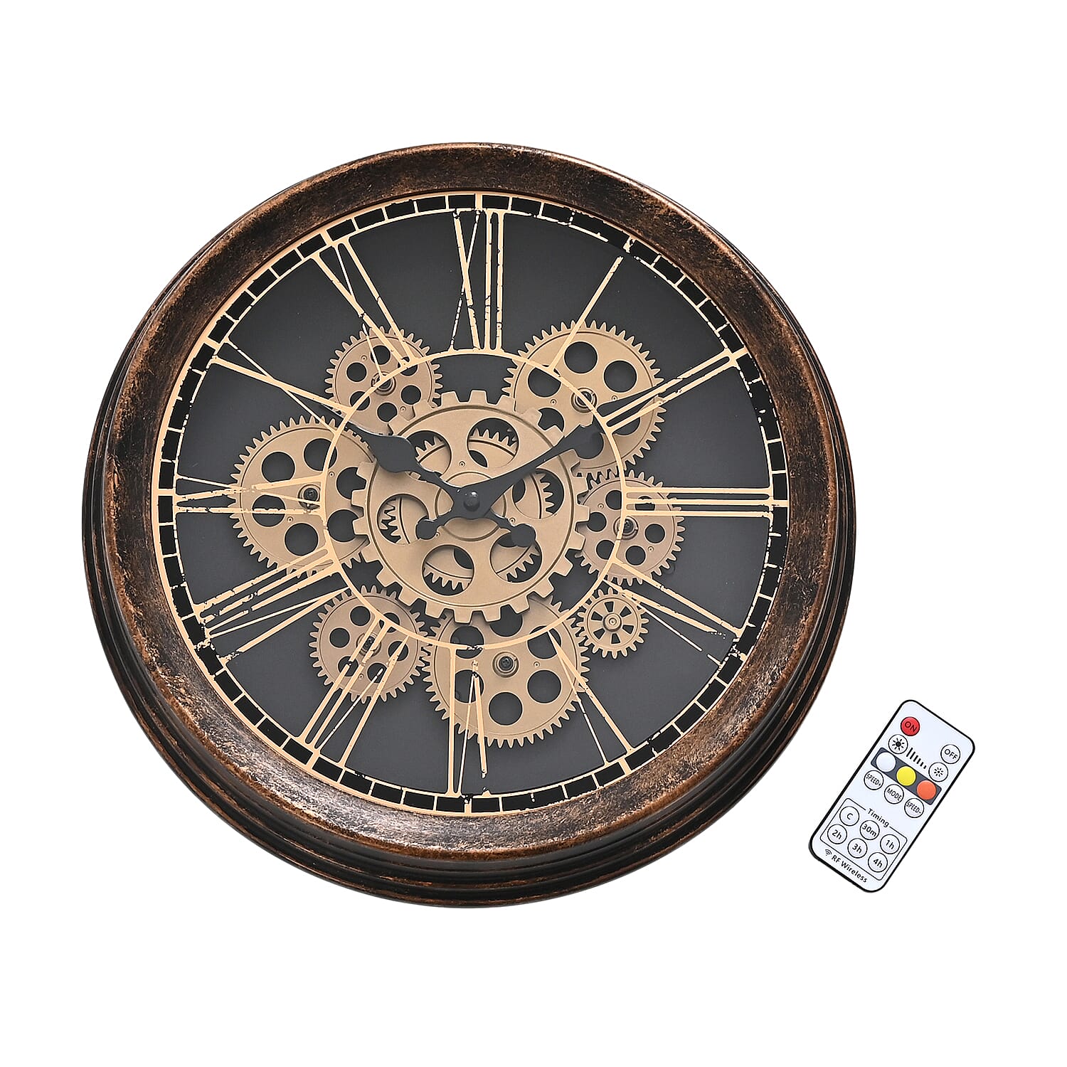 Rotating Gears Wall Clock - Industrial Roman Numeral Timepiece with 3-Colour LED Backlight, Remote Controlled Moving Gear Art - Brown & Gold