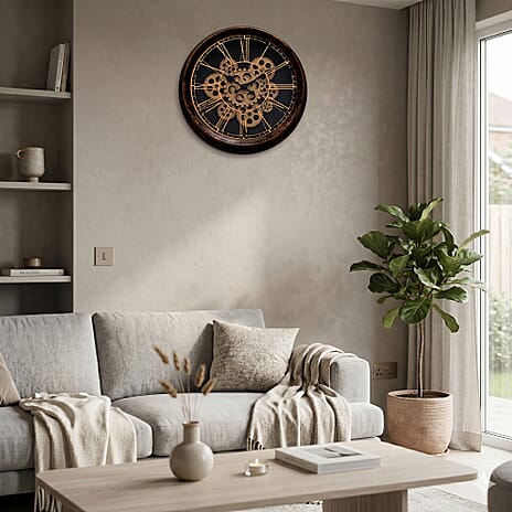 Rotating Gears Wall Clock - Industrial Roman Numeral Timepiece with 3-Colour LED Backlight, Remote Controlled Moving Gear Art - Brown & Gold