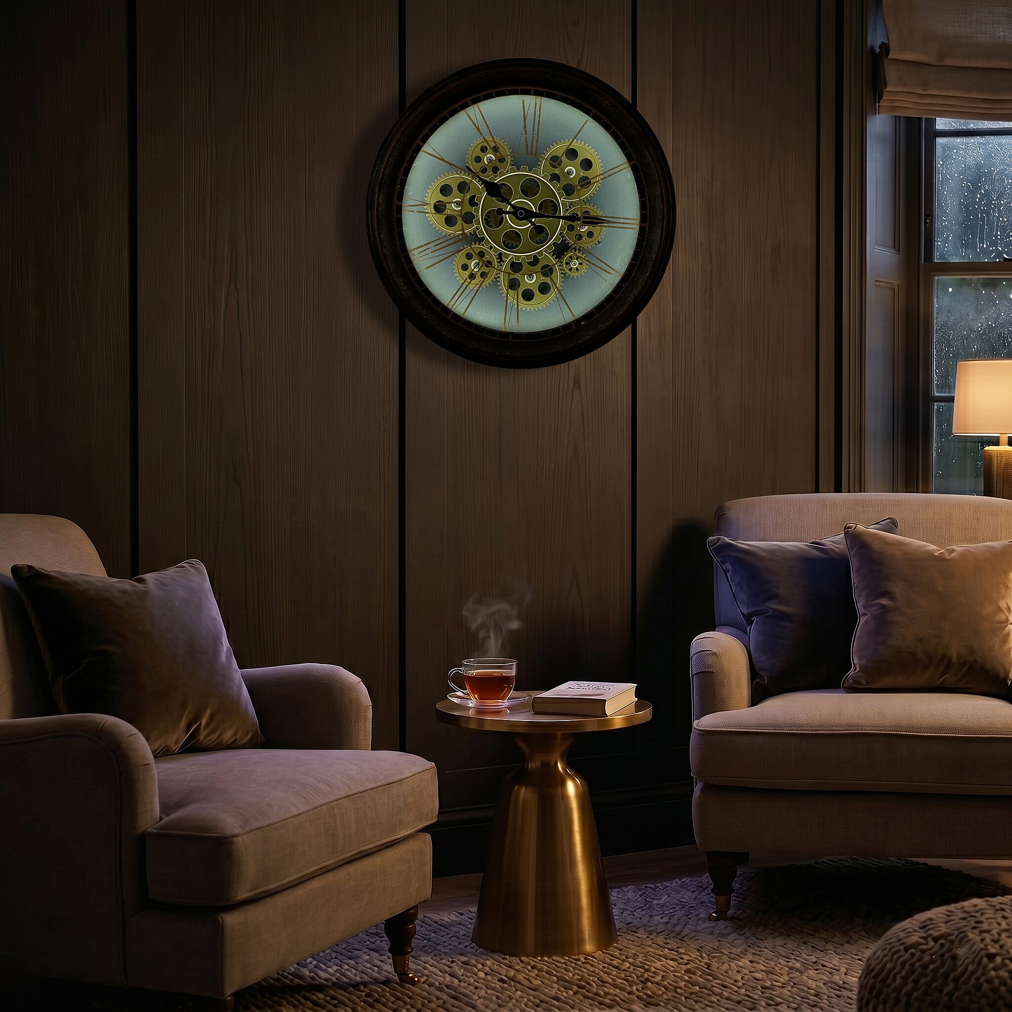Rotating Gears Wall Clock - Industrial Roman Numeral Timepiece with 3-Colour LED Backlight, Remote Controlled Moving Gear Art - Brown & Gold