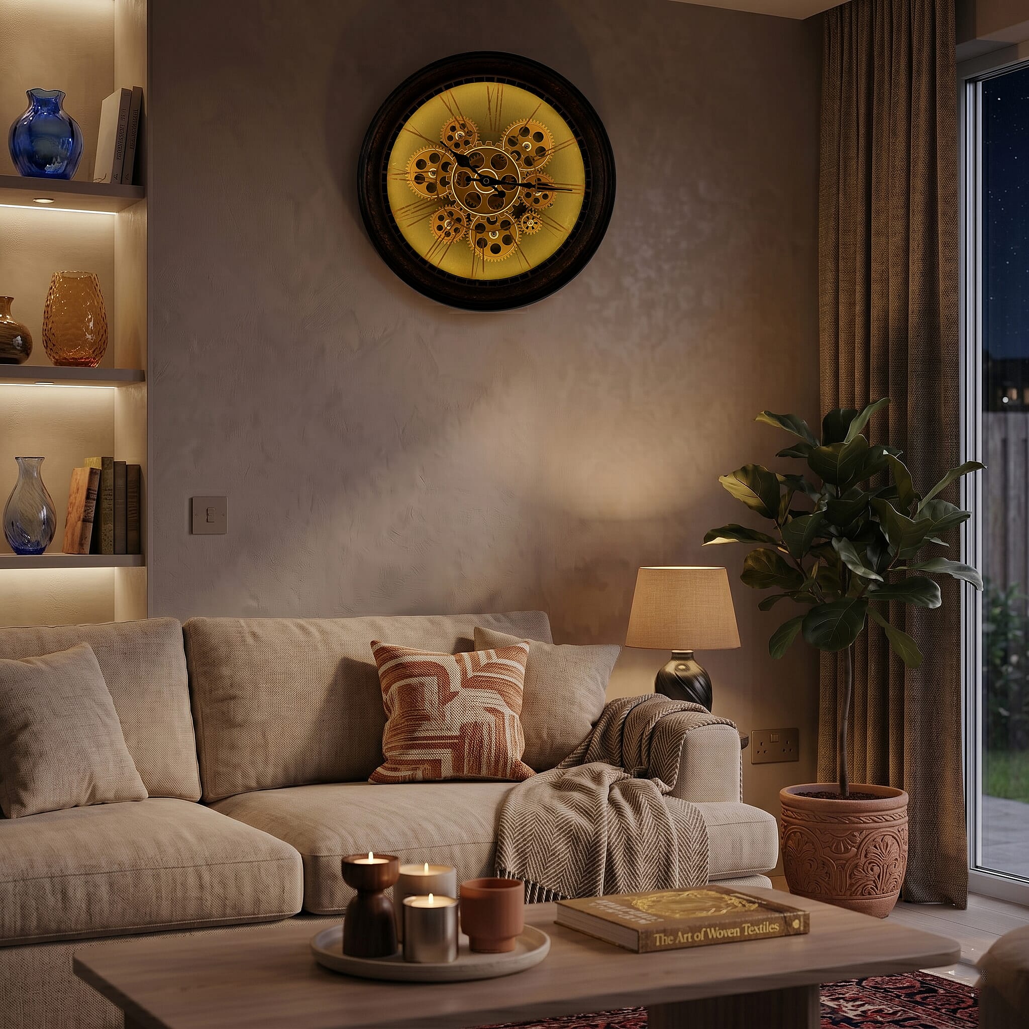 Rotating Gears Wall Clock - Industrial Roman Numeral Timepiece with 3-Colour LED Backlight, Remote Controlled Moving Gear Art - Brown & Gold