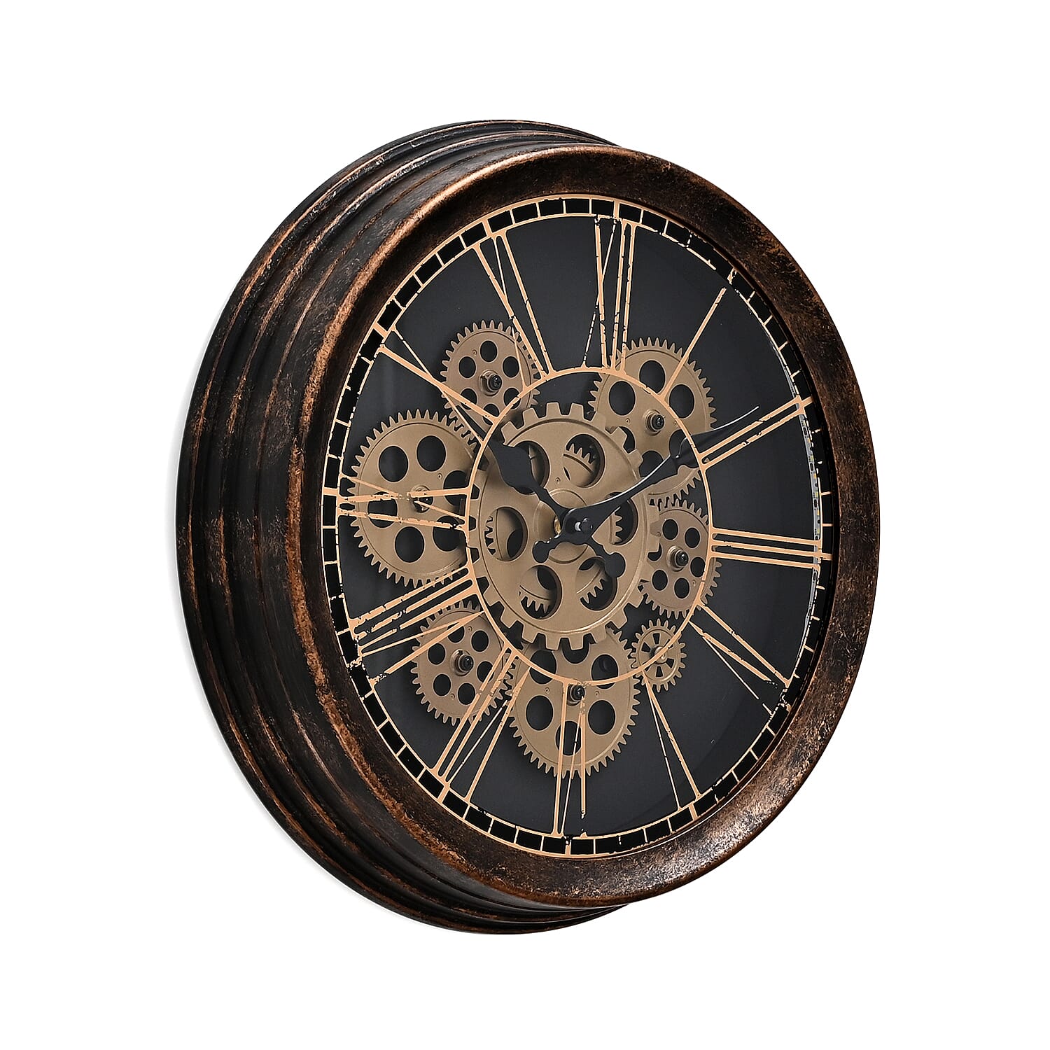 Rotating Gears Wall Clock - Industrial Roman Numeral Timepiece with 3-Colour LED Backlight, Remote Controlled Moving Gear Art - Brown & Gold