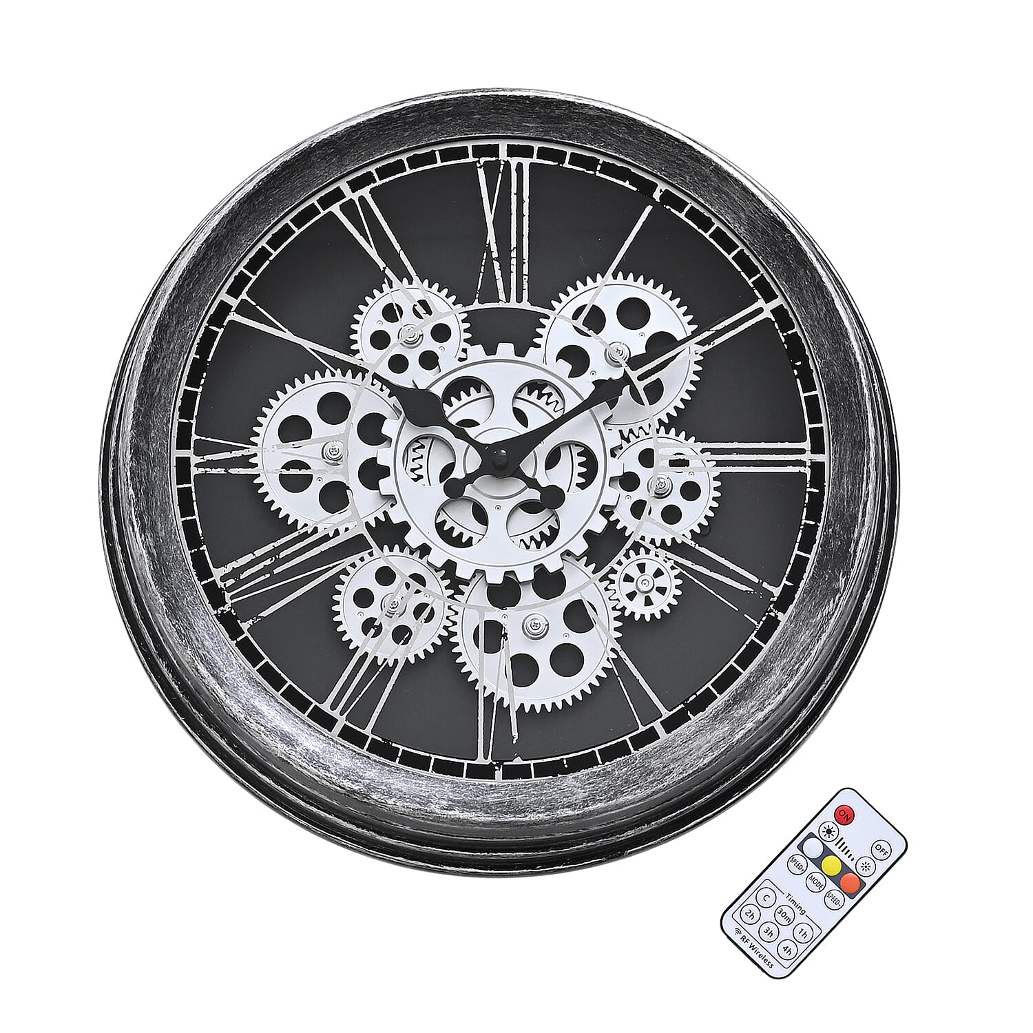 Rotating Gears Wall Clock - Industrial Roman Numeral Timepiece with 3-Colour LED Backlight, Remote Controlled Moving Gear Art - Silver & Black