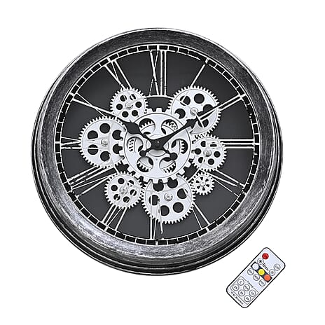 Rotating Gears Wall Clock - Industrial Roman Numeral Timepiece with 3-Colour LED Backlight, Remote Controlled Moving Gear Art - Silver & Black