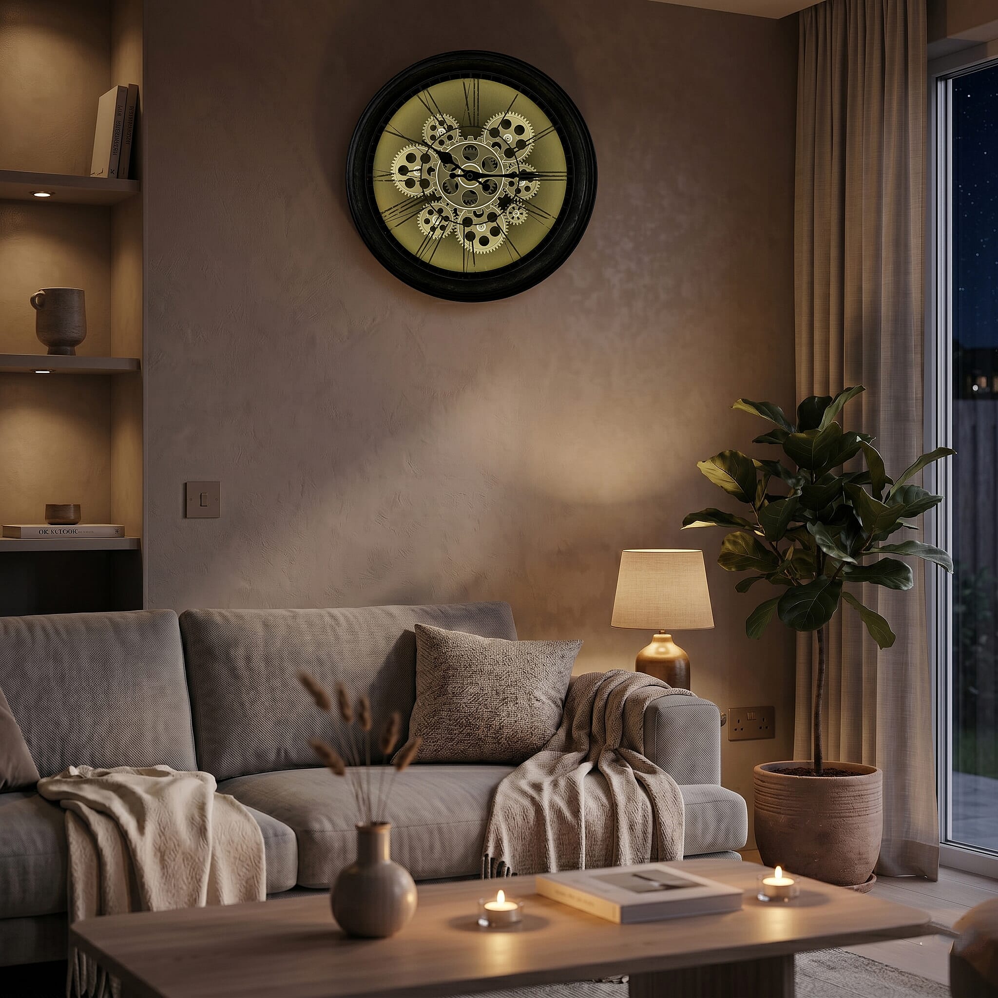 Rotating Gears Wall Clock - Industrial Roman Numeral Timepiece with 3-Colour LED Backlight, Remote Controlled Moving Gear Art - Silver & Black