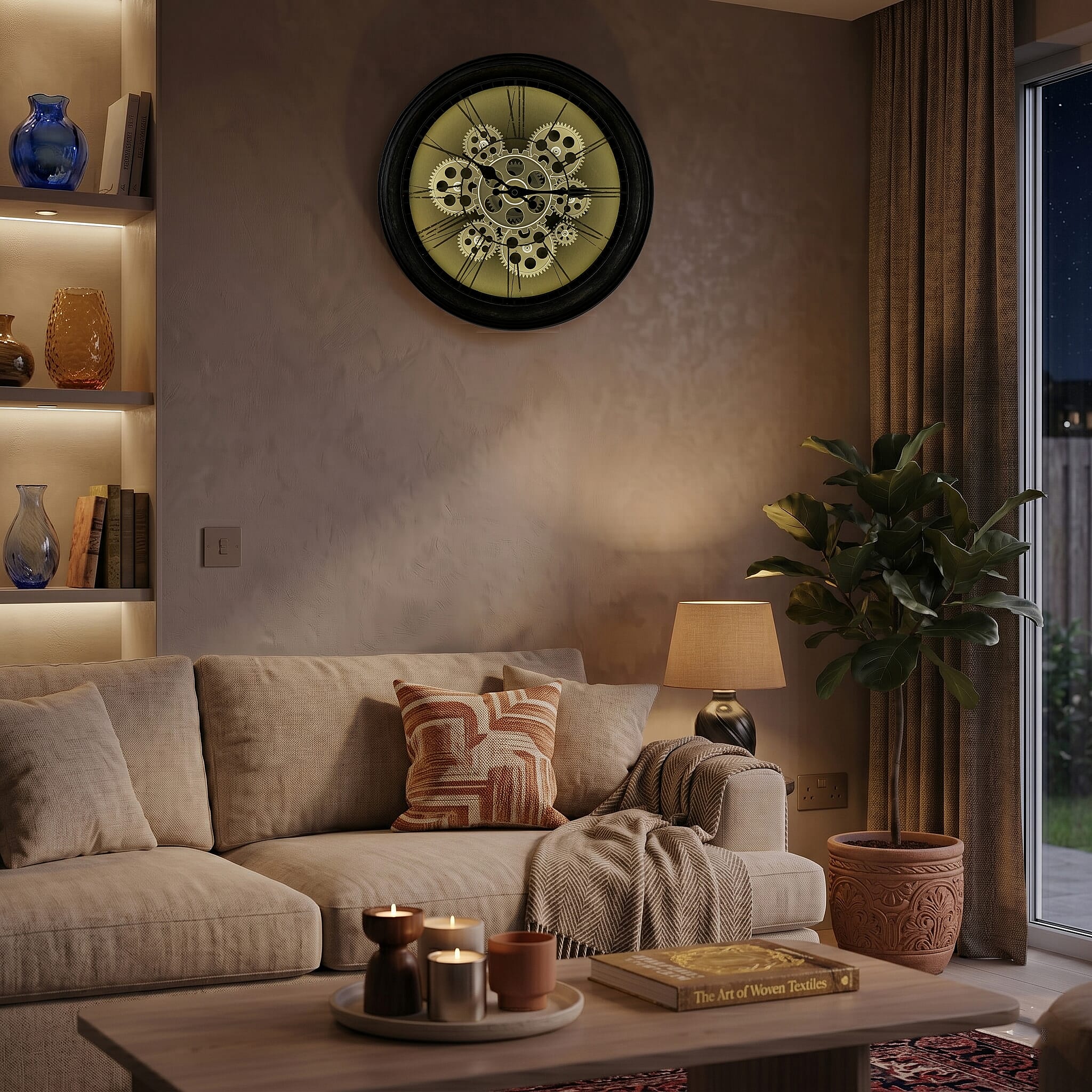 Rotating Gears Wall Clock - Industrial Roman Numeral Timepiece with 3-Colour LED Backlight, Remote Controlled Moving Gear Art - Silver & Black