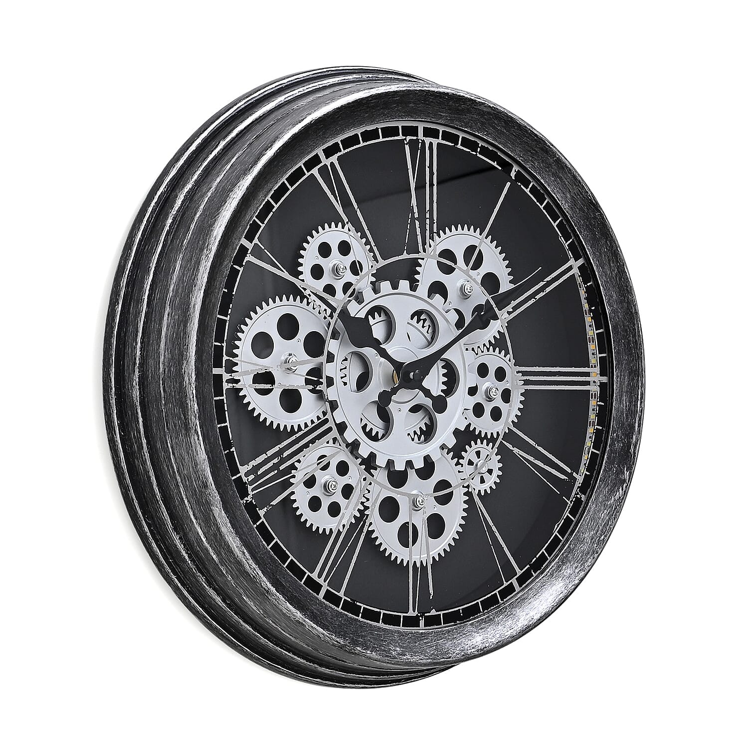 Rotating Gears Wall Clock - Industrial Roman Numeral Timepiece with 3-Colour LED Backlight, Remote Controlled Moving Gear Art - Silver & Black