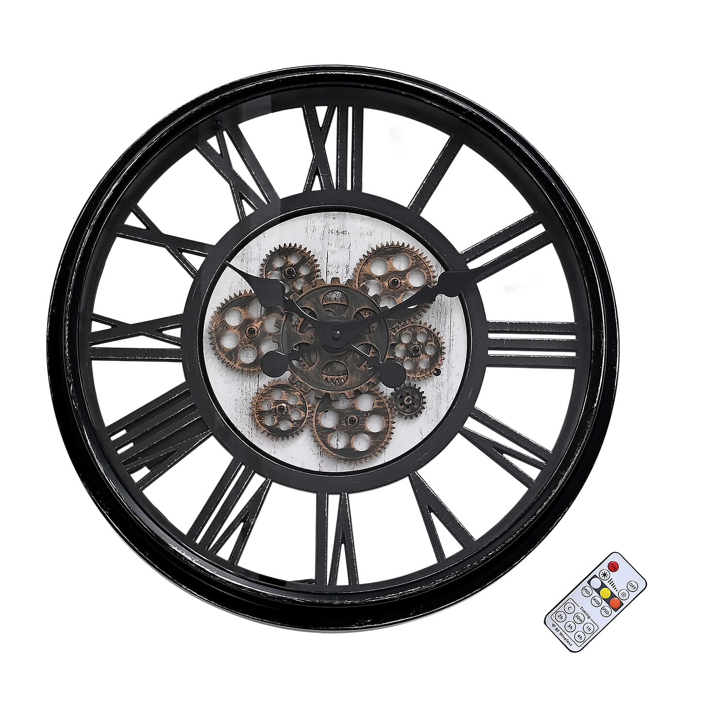 Rotating Gears Wall Clock - Industrial Roman Numeral Timepiece with 3-Colour LED Backlight, Remote Controlled Moving Gear Art (50cm) - Silver and Black
