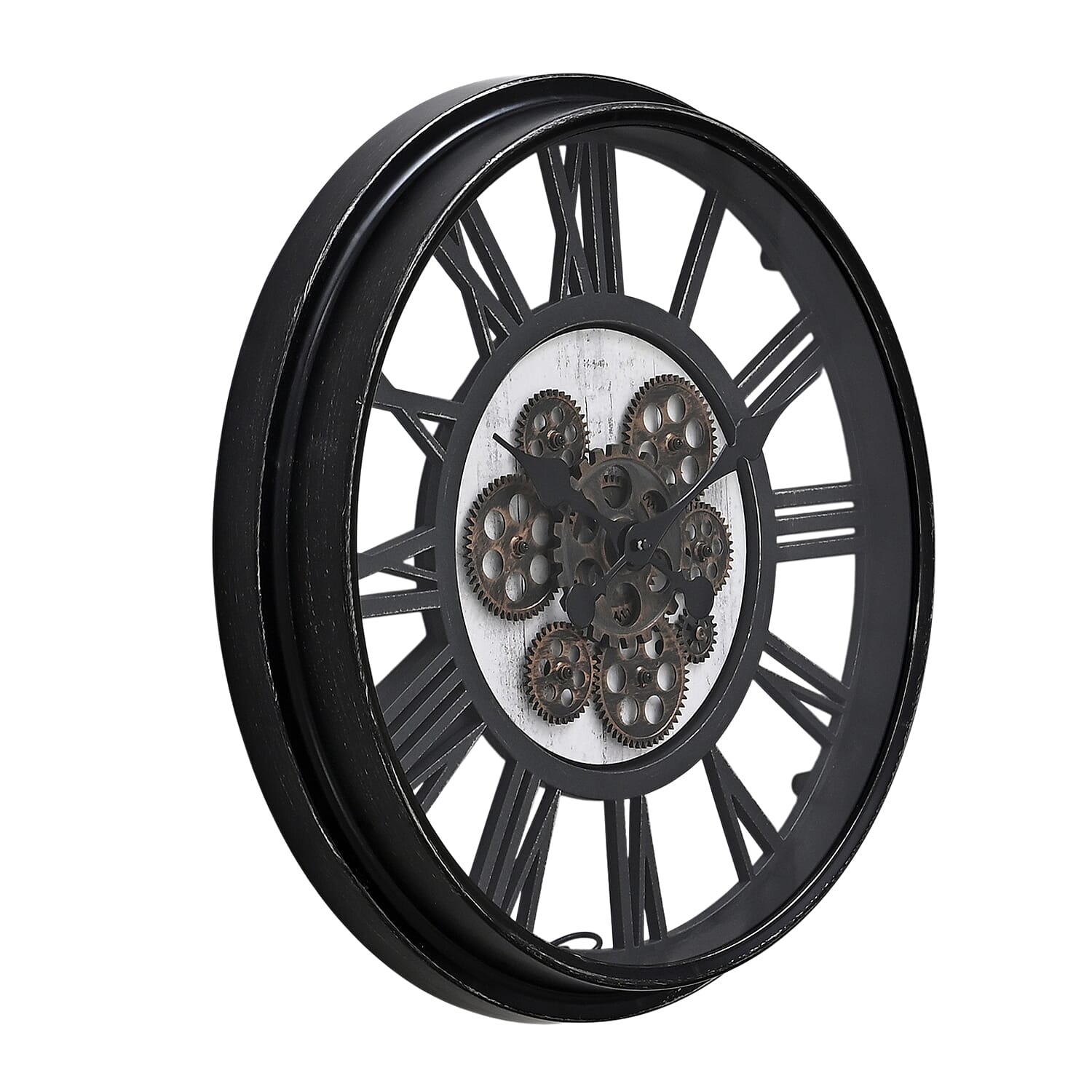 Rotating Gears Wall Clock - Industrial Roman Numeral Timepiece with 3-Colour LED Backlight, Remote Controlled Moving Gear Art (50cm) - Silver and Black