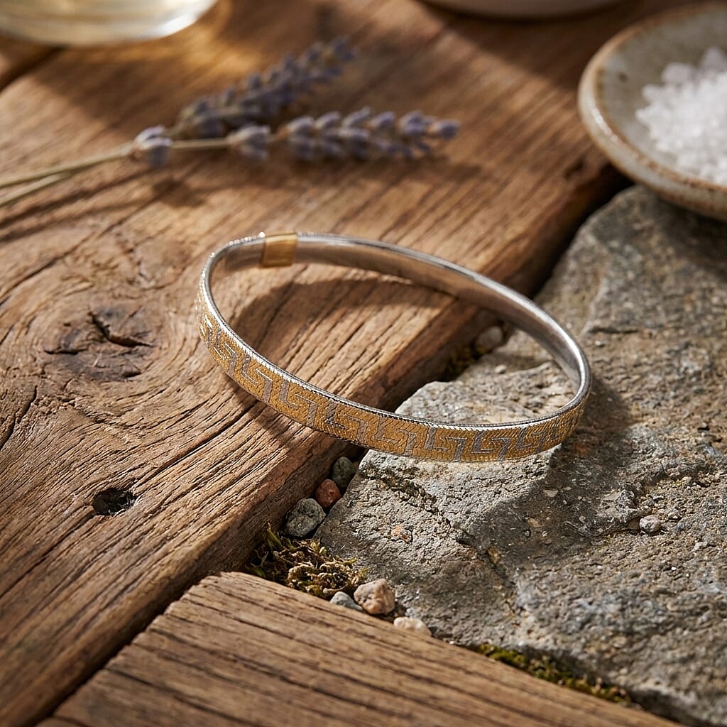 Maestro Collection - 9K Yellow & White Gold Greek Key Mesh Stretchable Bracelet (Size - 7.50)