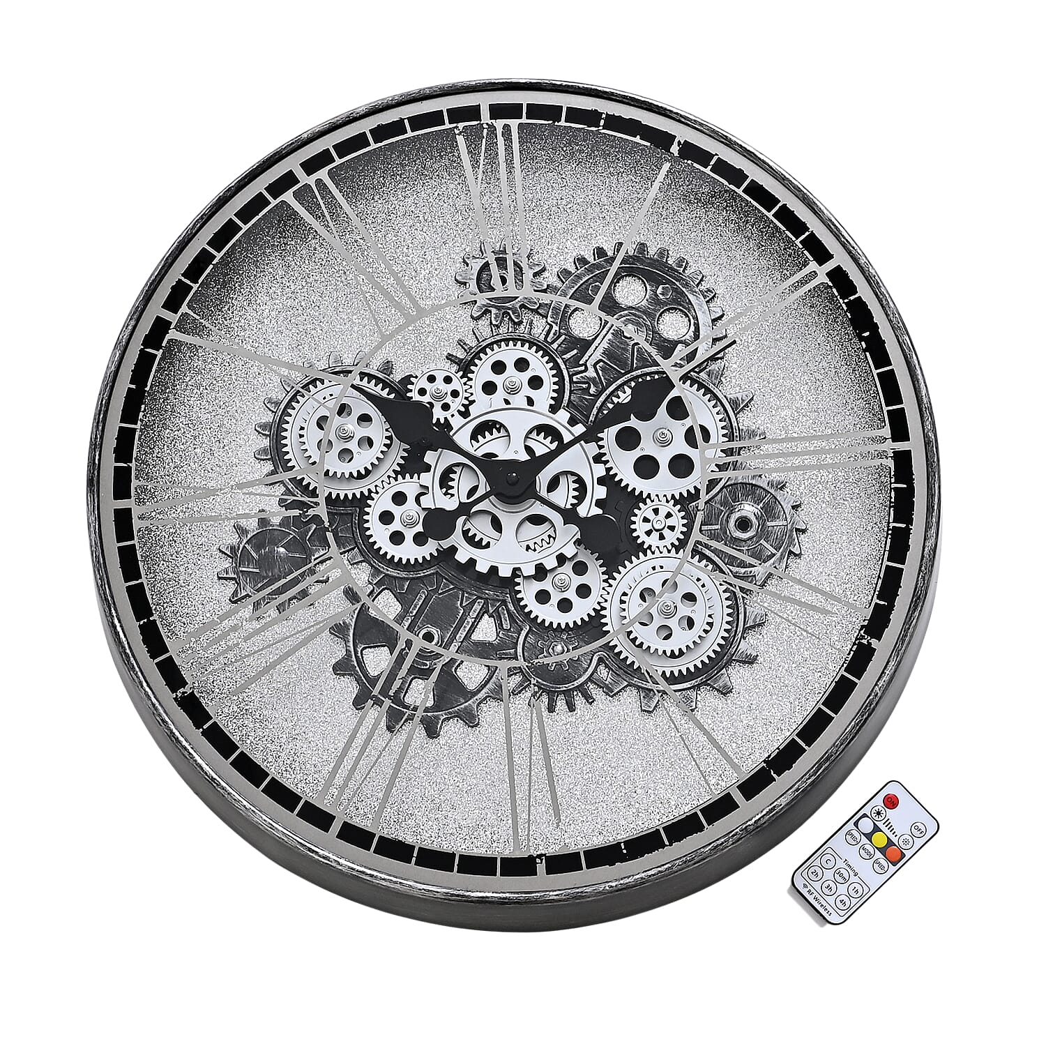 Rotating Gears Wall Clock - Industrial Steampunk Timepiece with 3-Colour LED Lights, Remote Control Moving Gear (50cm) - Grey