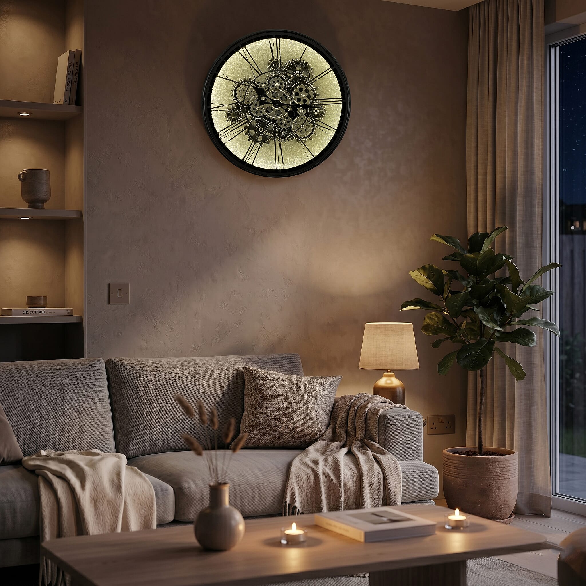 Rotating Gears Wall Clock - Industrial Steampunk Timepiece with 3-Colour LED Lights, Remote Control Moving Gear (50cm) - Grey