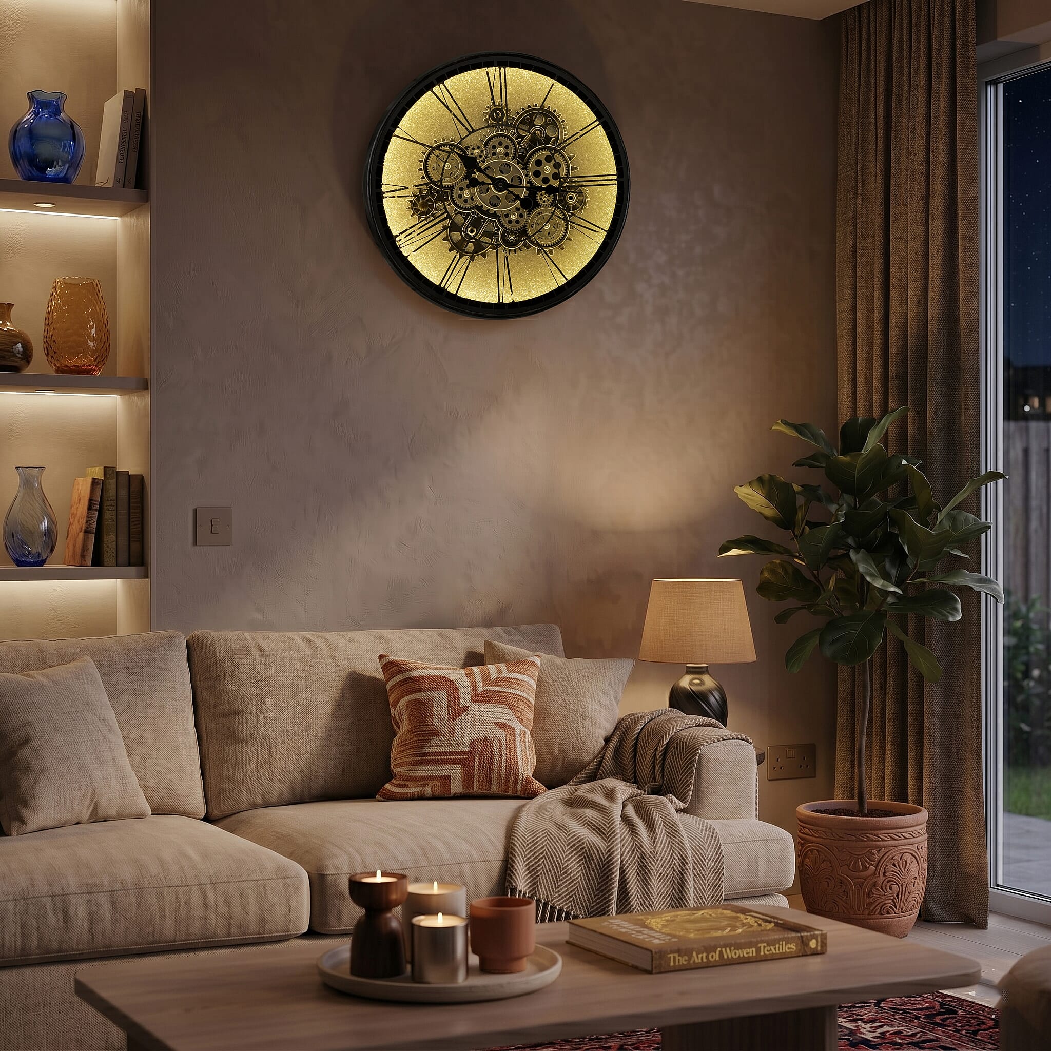 Rotating Gears Wall Clock - Industrial Steampunk Timepiece with 3-Colour LED Lights, Remote Control Moving Gear (50cm) - Grey