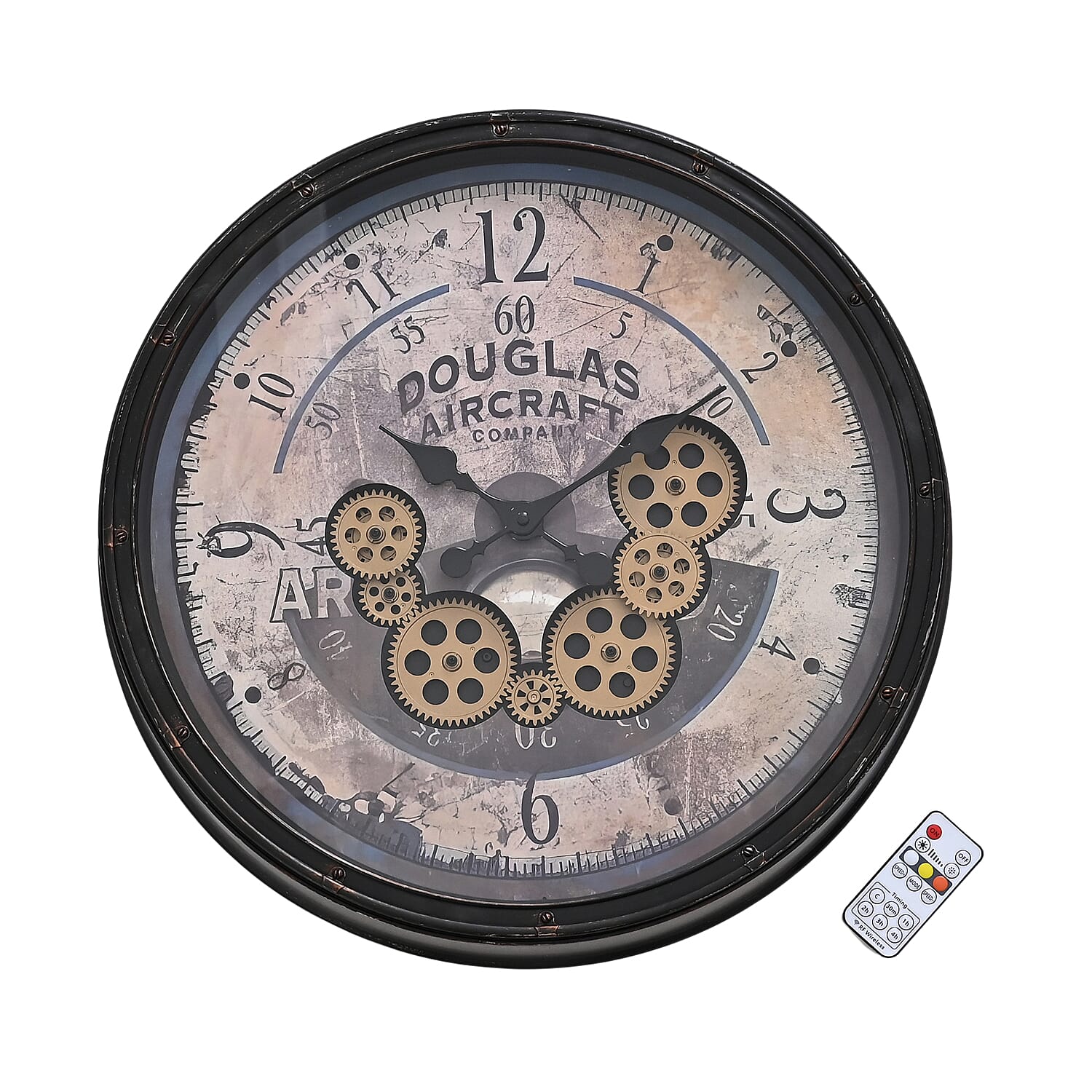 Rotating Gears Wall Clock - Industrial Steampunk Timepiece with 3-Colour LED Lights, Remote Control Moving Gear (50cm) - Aircraft