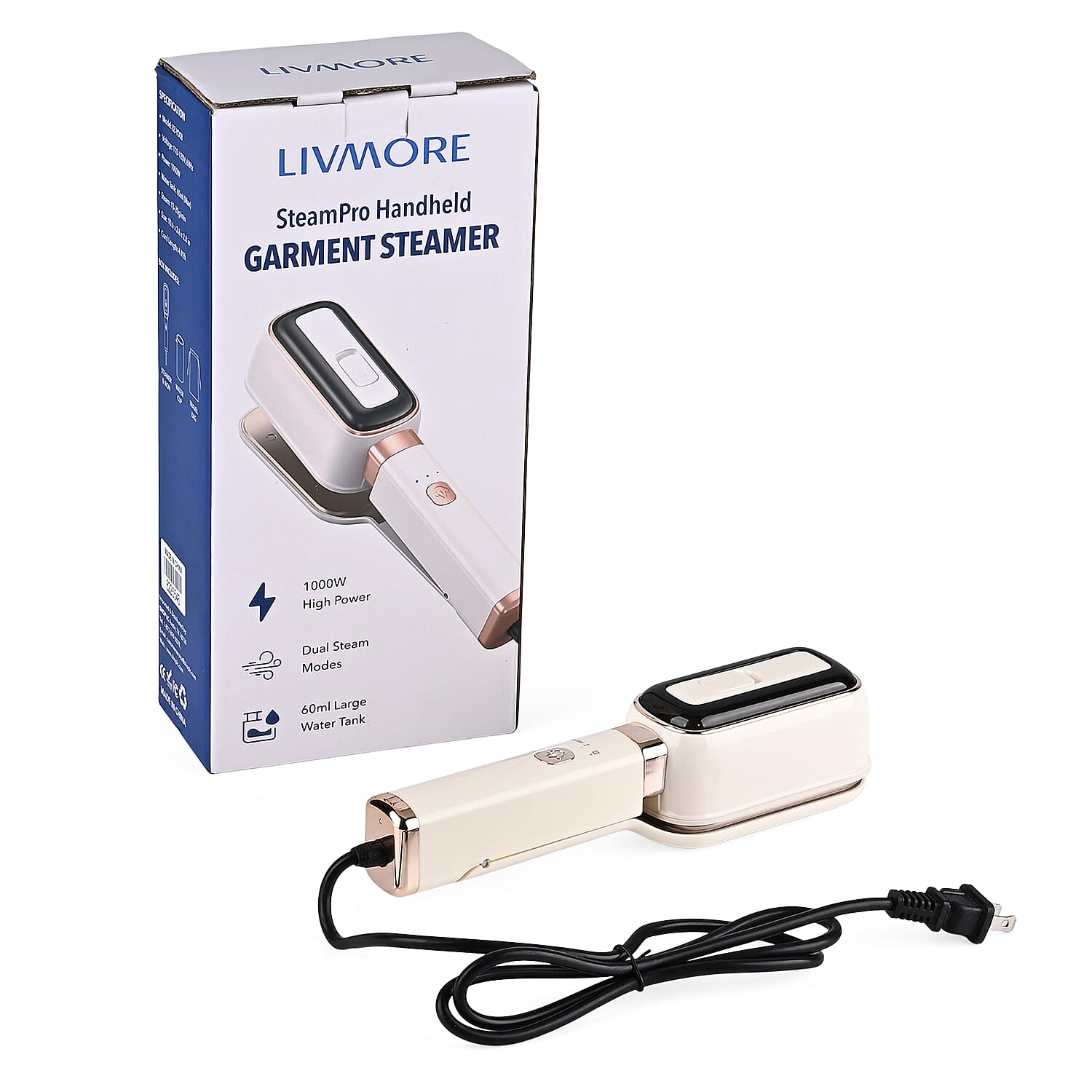 LIVMORE Handheld Garment Steamer (1000W) - 180Degree Rotatable Panel for Vertical & Flat Ironing - 60ML Transparent Water Tank - Beige