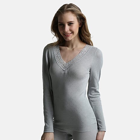 Palm Underwear British Made Supersoft Classic Lace Trim Long Sleeve Thermal Top (Size - XL) - Grey