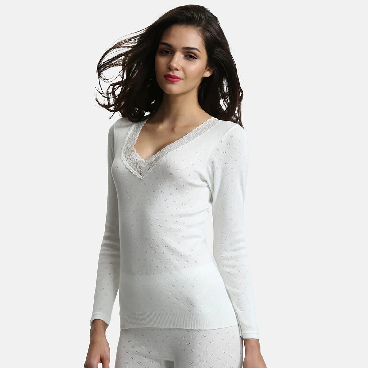 Palm Underwear British Made Supersoft Classic Lace Trim Long Sleeve Thermal Top (Size - M) - Ivory